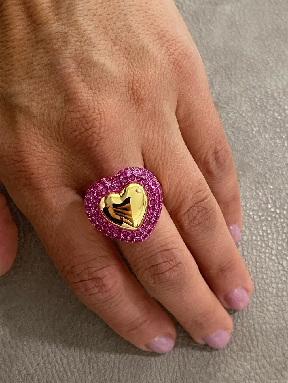 Kurt Geiger Gold Heart Ring with Pink Crystal Pave Size 8